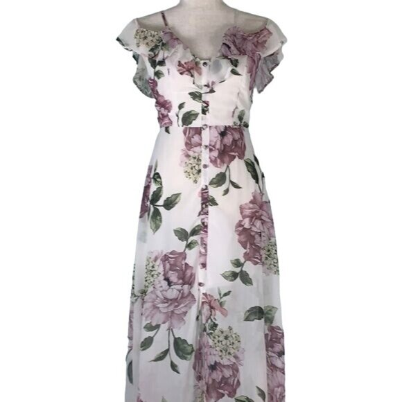 Trac Floral Off the Shoulder Maxi Dress S White Floral Zip Lined Adjustable - Picture 3 of 8